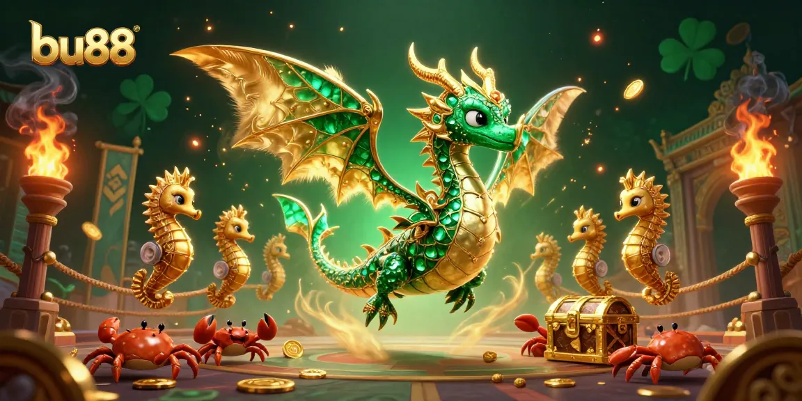 Engage in thrilling casino action at bu88 with vibrant 3D sea dragon and royal seahorse illustration.