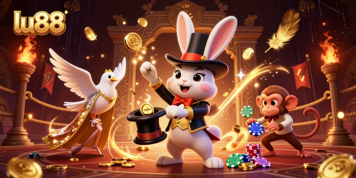 lu88 captures thrilling casino magic with a cartoon rabbit, sequined dove, and playful monkey.