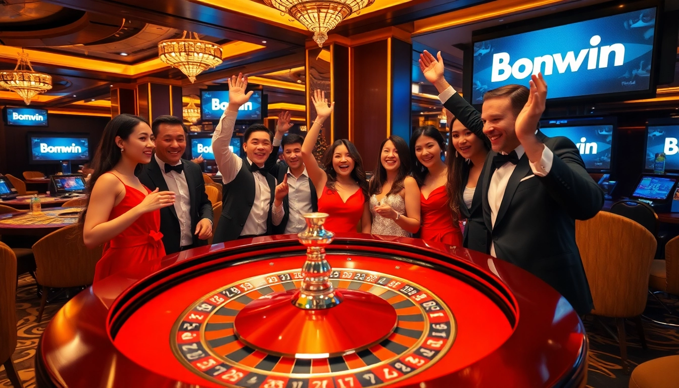 Experience the thrill of winning at Bomwin with a vibrant roulette game in an upscale casino.