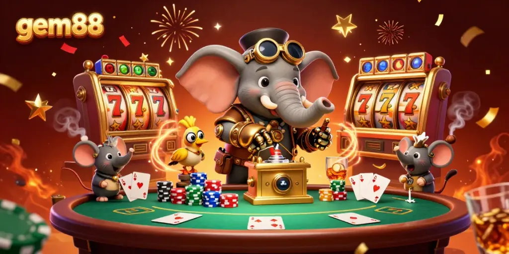 Experience the thrill of gem88 gaming with a steampunk elephant and vibrant casino elements.