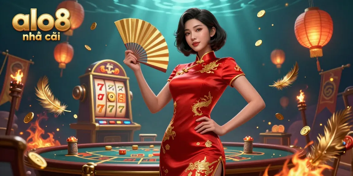 A vibrant scene showcasing alo8 nhà cái with an Asian woman in a red qipao, surrounded by gaming elements and gold coins.