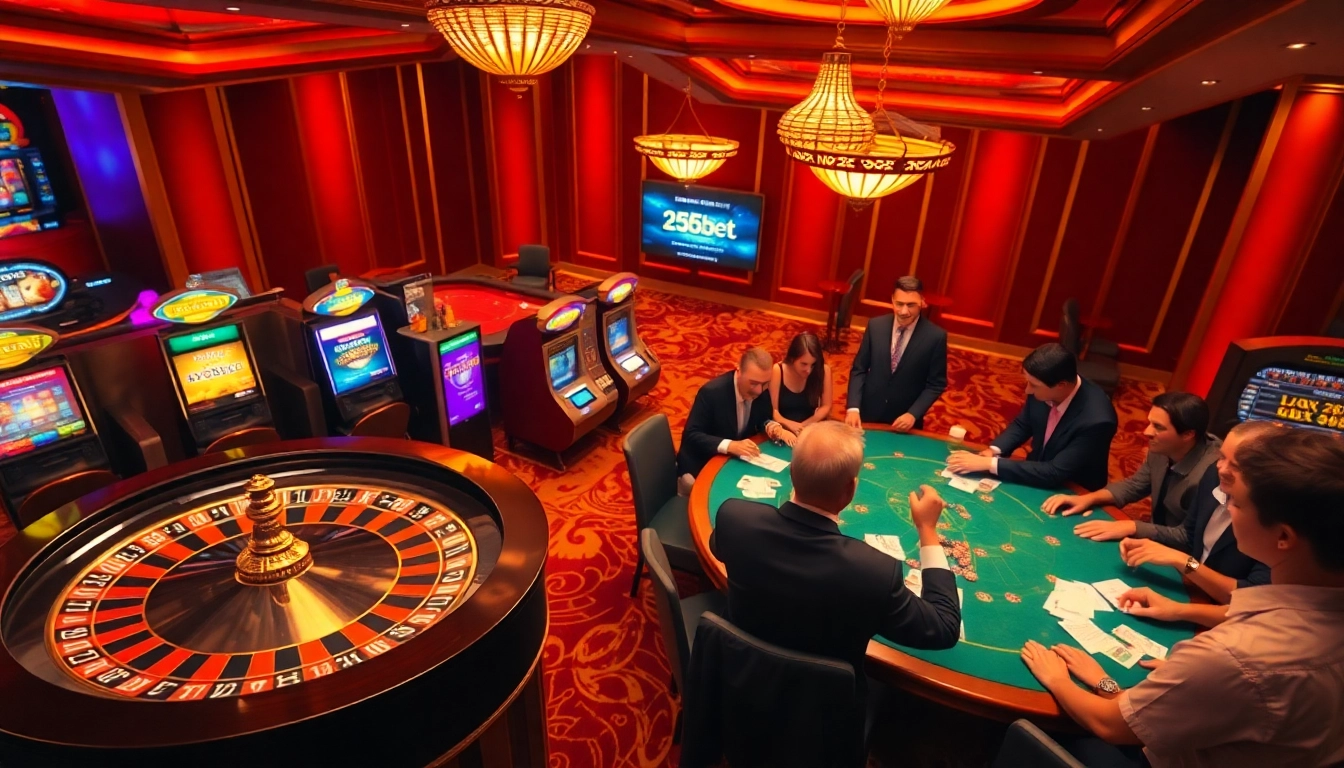Experience the thrill of gaming with 258bet's vibrant casino atmosphere featuring engaging roulette and slot machines.