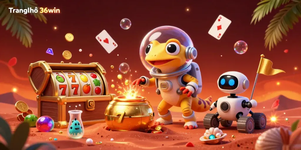 Experience the excitement of Trang chủ 36win with a cartoon gecko discovering a golden casino on Mars.