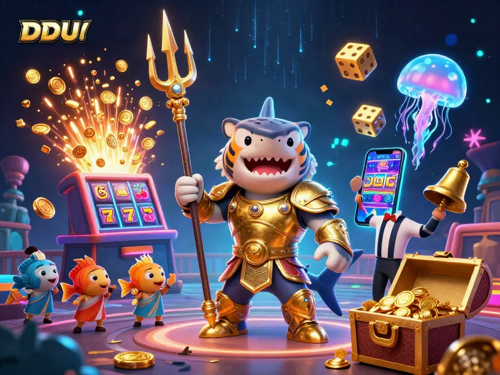 Engage in thrilling DDUU casino action with a vibrant shark gladiator amidst dazzling jackpot elements.