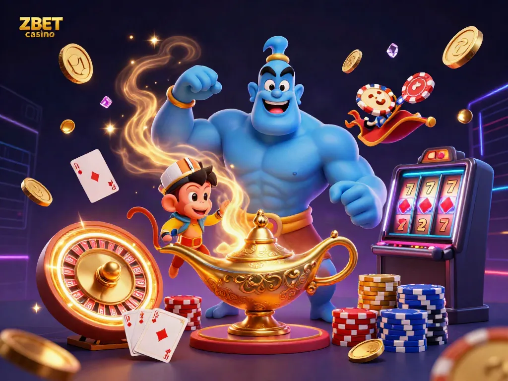 Experience the excitement of ZBET casino with a lively scene featuring a genie, poker chips, and casino games.