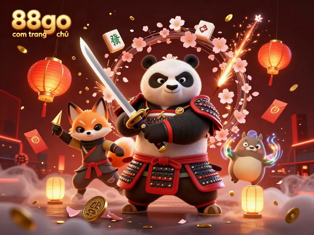 Engage with 88go com trang chủ in a vibrant 3D casino scene featuring a samurai panda and magical companions.