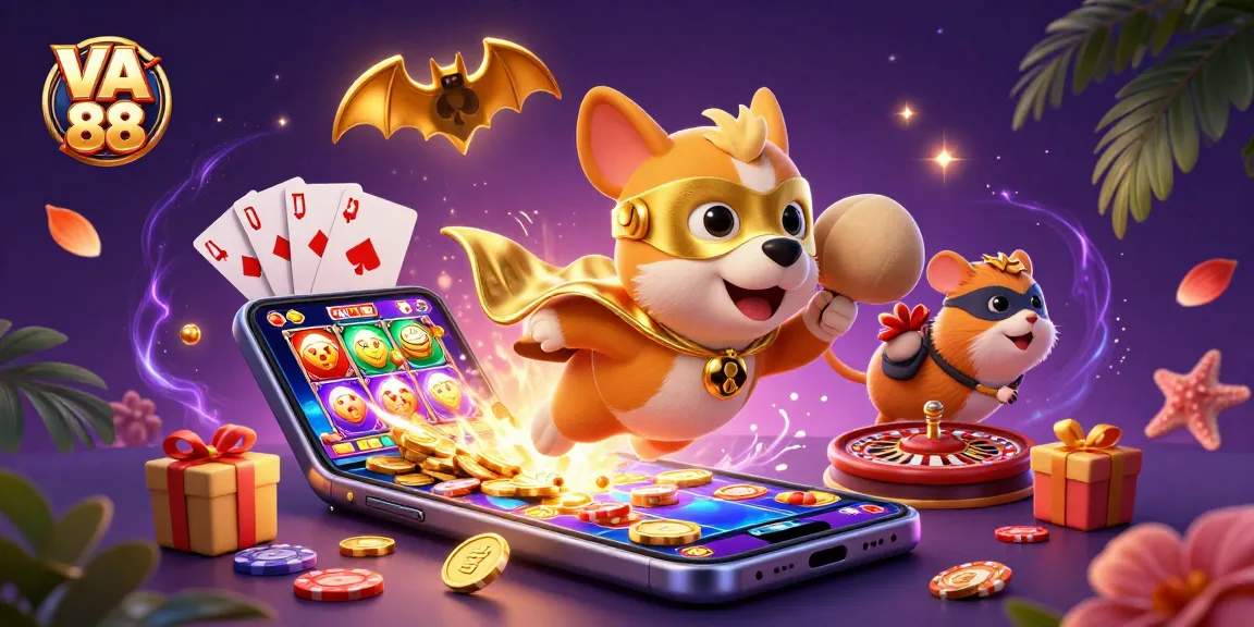 VA 88 superhero dog flies with a bag of coins in an exciting casino-themed scene.