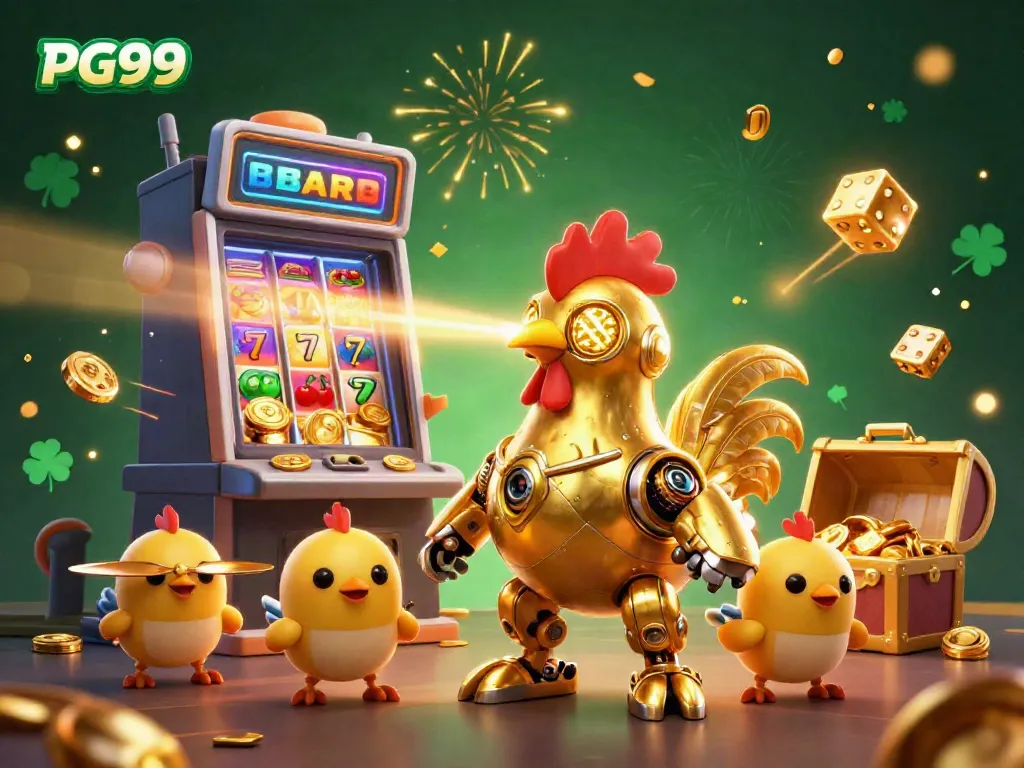 Experience PG99's thrilling casino adventure with a dynamic 3D golden rooster robot and exciting jackpot bursts.