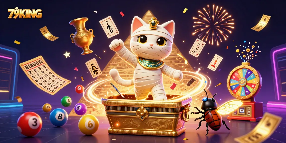 Experience the excitement of 79KING with a dazzling lottery scene featuring Mummy Cat and vibrant game elements.