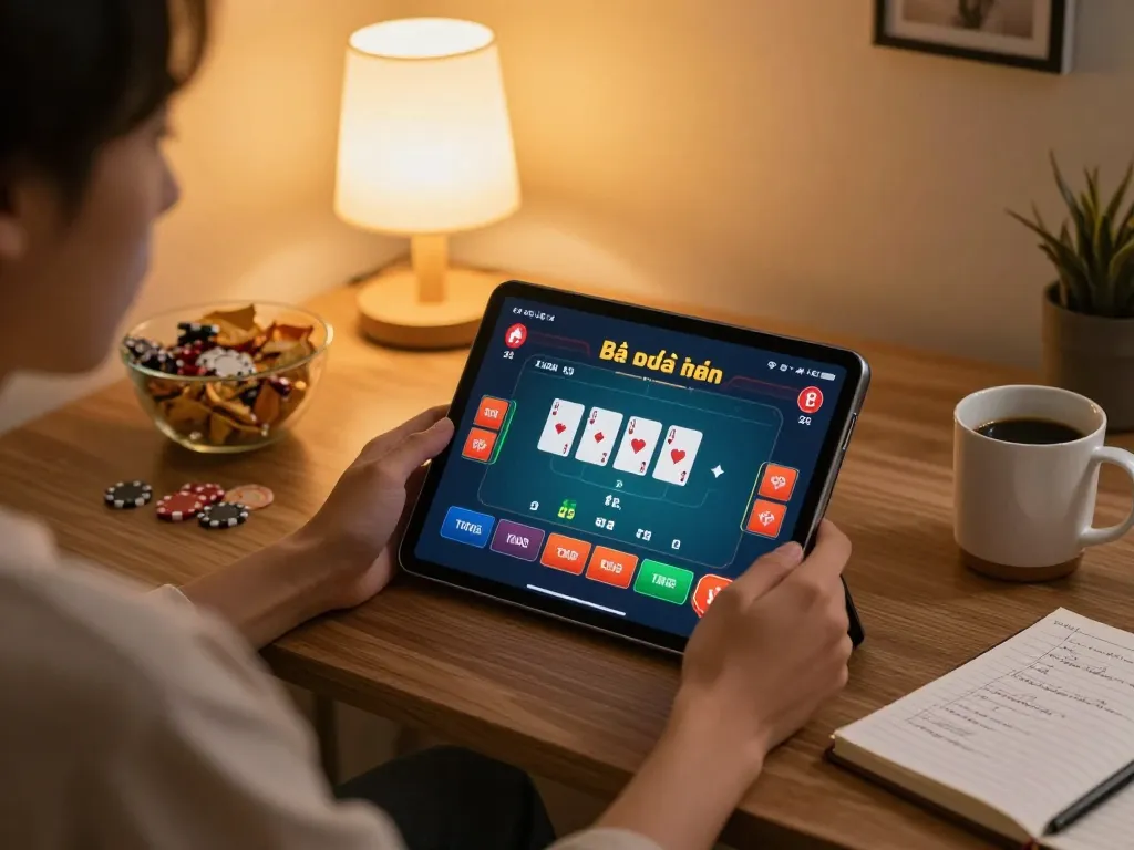 Engaging in game bài đổi thưởng on a tablet in a cozy home setting with a poker interface