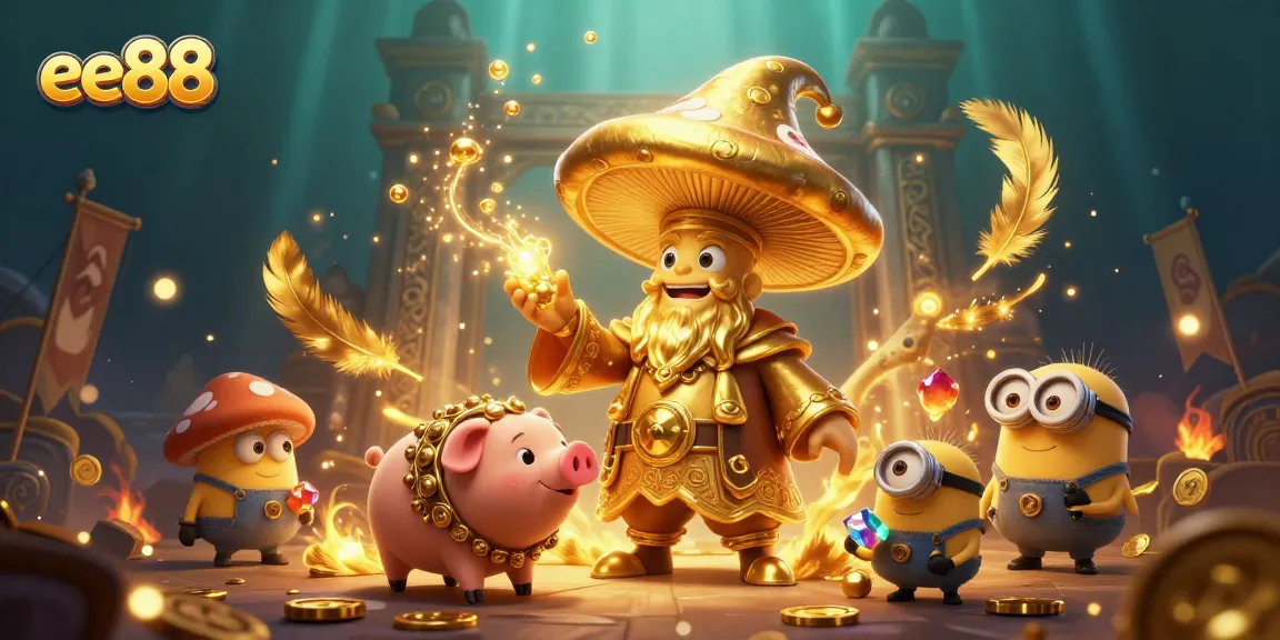 Experience thrilling adventures at ee88 with a magical golden mushroom wizard, treasure-sniffing pig, and minions amidst sparkling gems and vibrant gameplay.