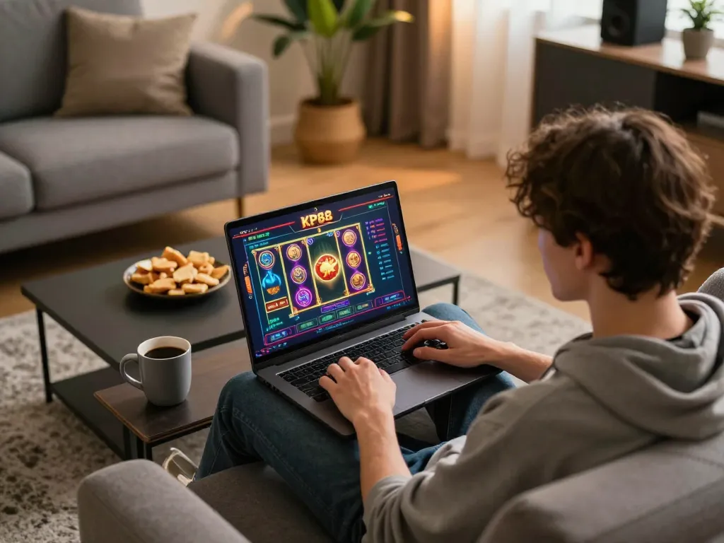 Person enjoying kp88 game on a modern laptop with vibrant casino graphics in a cozy home setting.