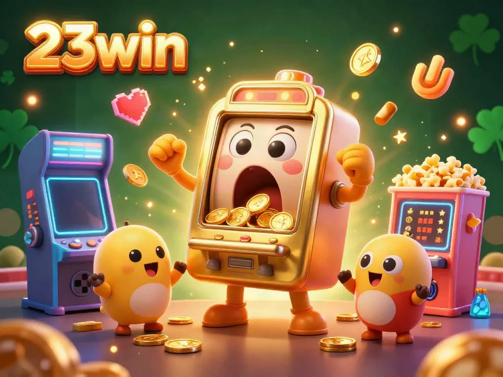 Engage with thrilling luck as 23win's golden slot machine hits a jackpot, spilling coins in a vibrant 3D casino scene.