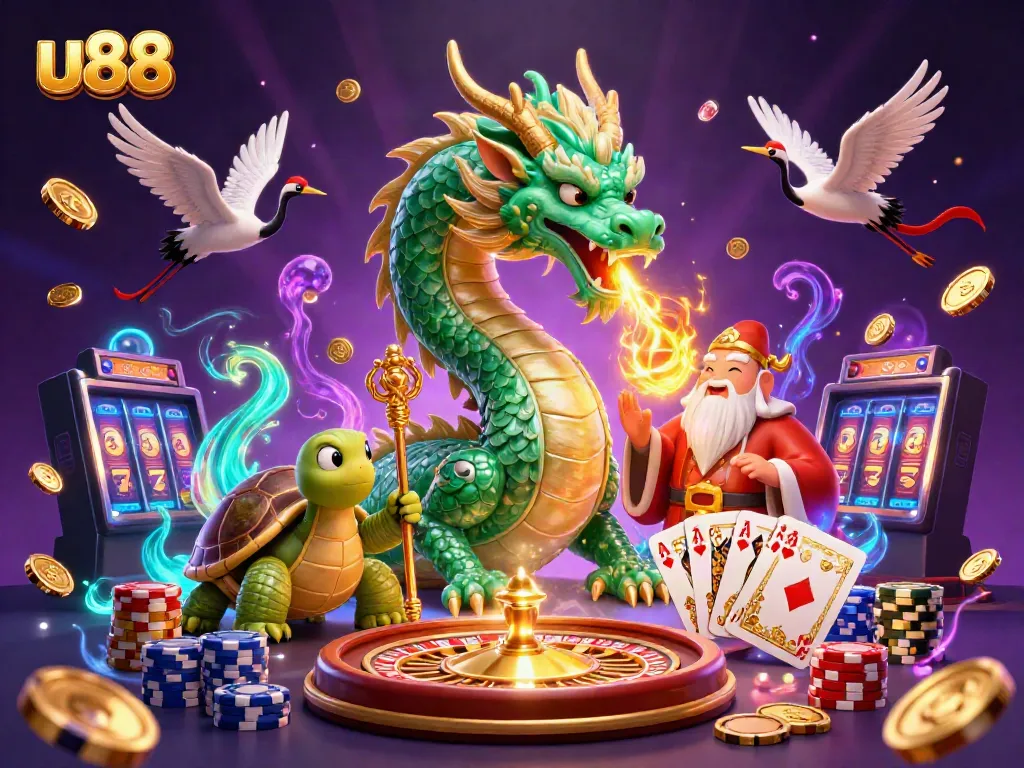 Experience excitement at u88 with a vibrant 3D scene featuring a jade dragon and a roulette wheel.