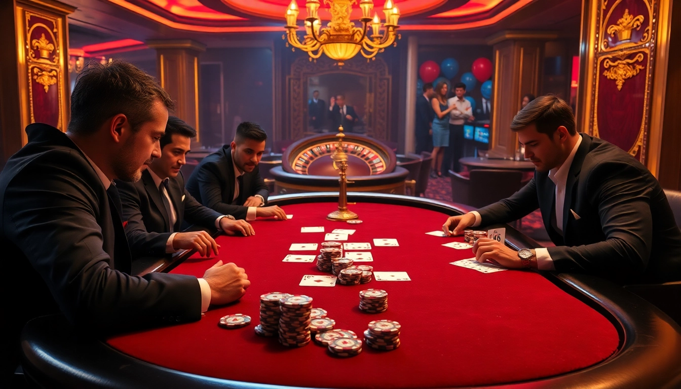 Winning players engage in an intense poker game at mb66 casino, showcasing excitement and luxury.