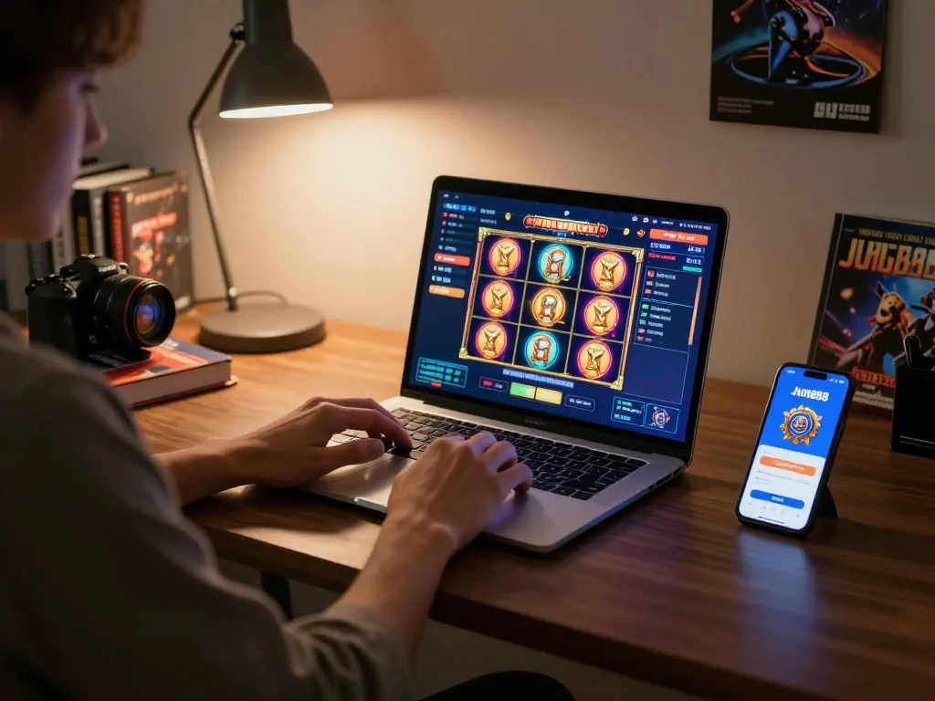 Engaging online casino session on Jun888 app with laptop and smartphone in cozy setup