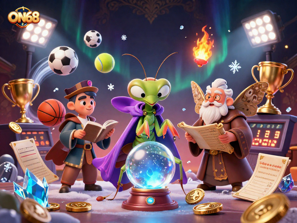Experience the vibrant world of ON68 with a mystical fortune teller and dynamic sports betting elements.
