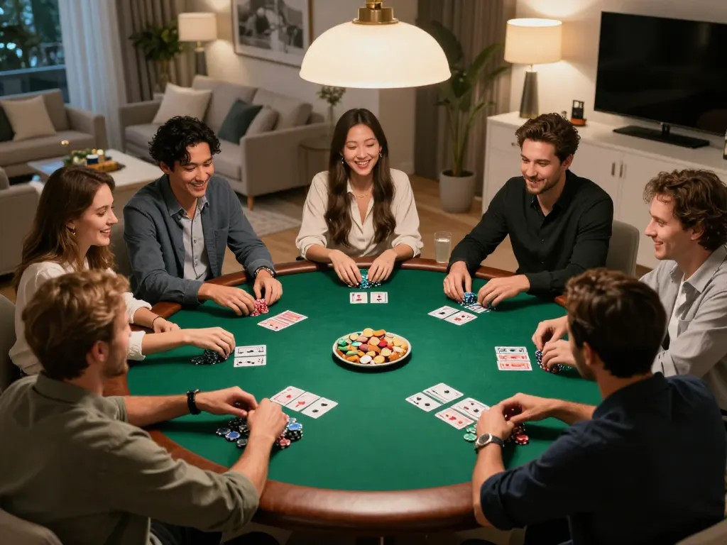 Friends enjoying a thrilling poker game at home, highlighting 22ff hand gestures and excitement.