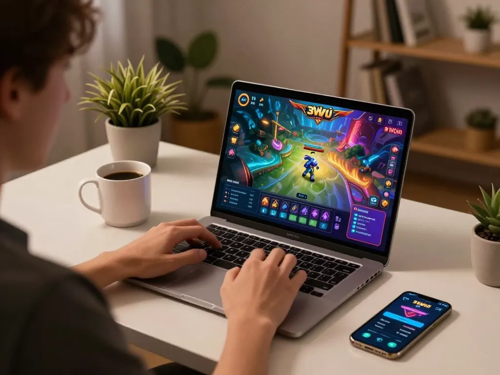 Experience dynamic nổ hũ 33win gameplay on a modern laptop in a stylish home setting.