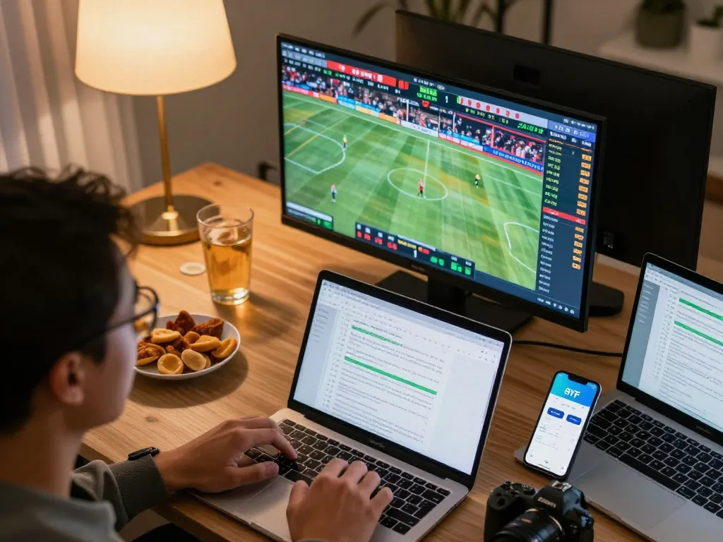 Engaging moment of sports betting with 81FF app on smartphone alongside multiple screens of live events.