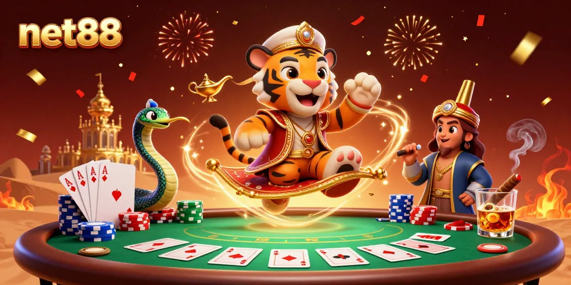 Experience net88's thrilling casino atmosphere with an Arabian Nights-themed tiger sultan and poker elements.