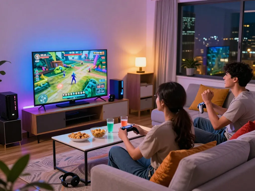 Exciting online gaming session with friends enjoying HH55 in a vibrant living room.