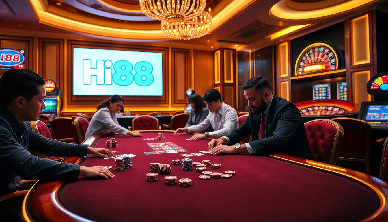Players enjoying a high-stakes game at Hi88 casino, surrounded by vibrant poker chips and cards.
