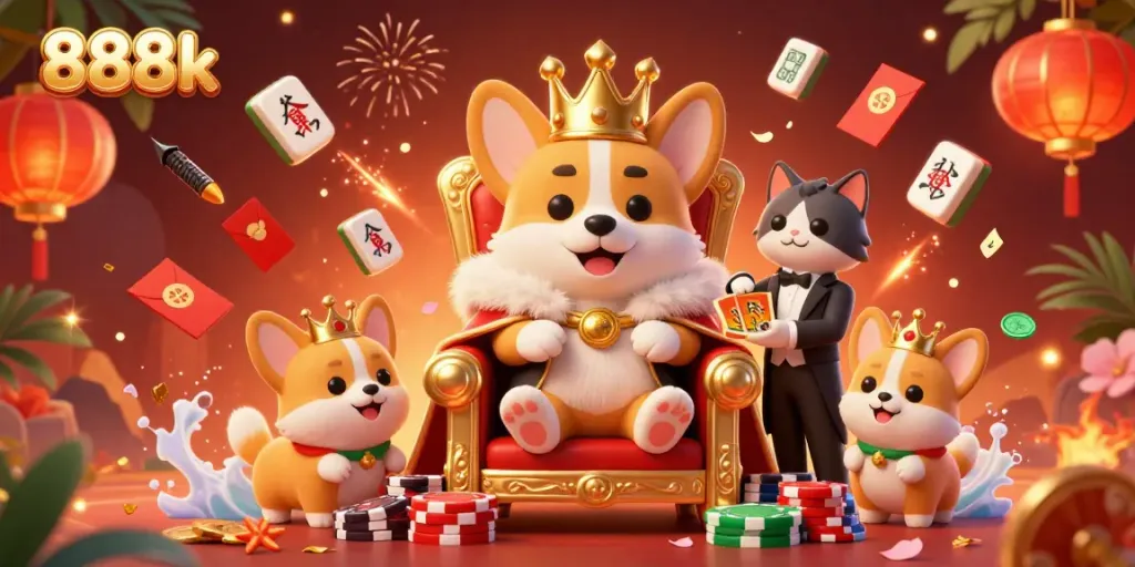 Experience thrilling gameplay with the 888k royal corgi atop poker chips, surrounded by enchanting casino elements.