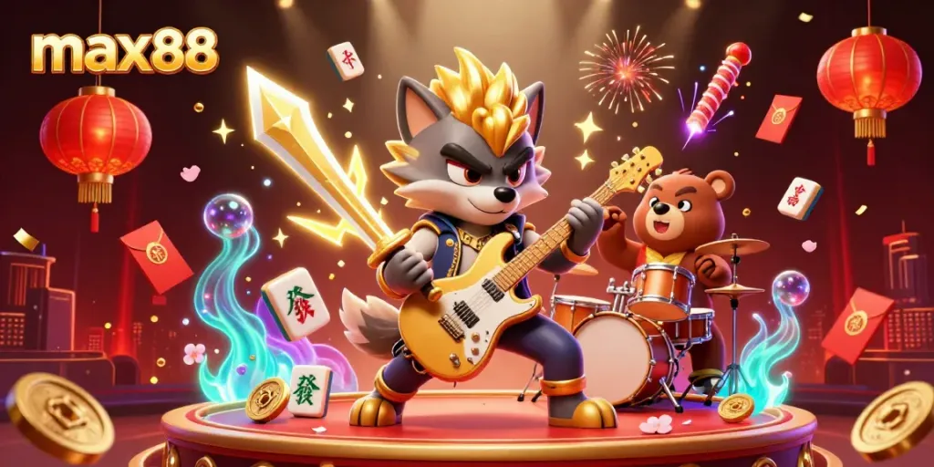 Experience max88's vibrant casino scene with a rock star wolf and drummer bear amidst dynamic gaming elements.