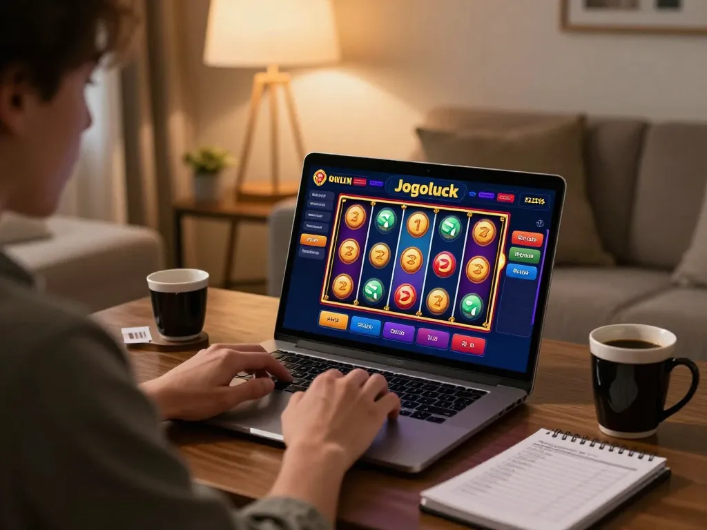 Engaging in online gaming at Jogoluck with colorful slots and casual comfort.