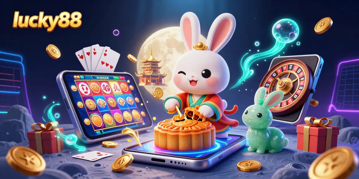 Engage with lucky88's thrilling gameplay featuring a lunar rabbit celebrating with poker chips!