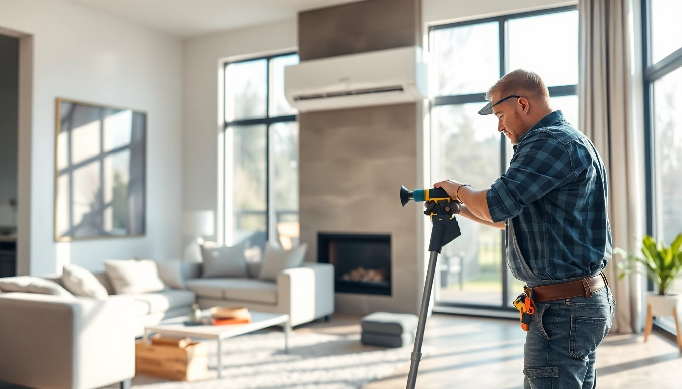 Installer efficiently mounting a mini split ac unit in a modern living room.