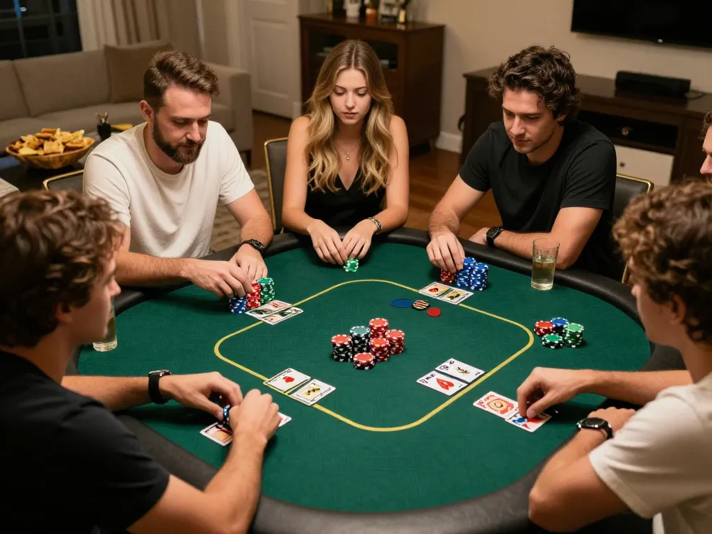 U888 poker players strategizing with chips and cards at a home game night