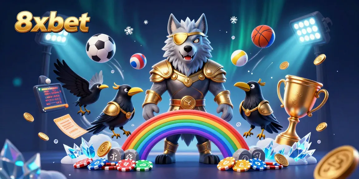 Experience the excitement at 8xbet with a striking illustration of Odin and sports elements.