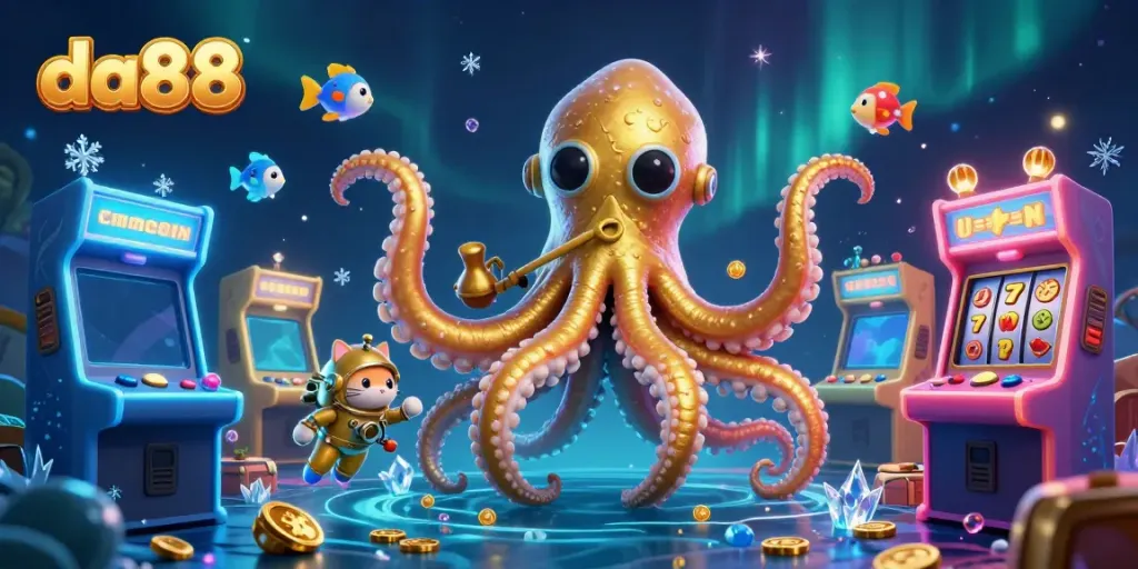 Win big at da88 featuring a kraken and a diving cat in a vibrant casino scene.