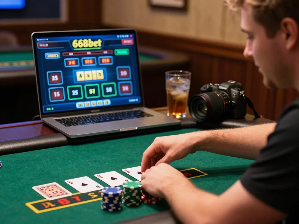 Jogador elaborando estratégias durante uma partida de blackjack na 668bet, exibindo fichas e cartas em uma configuração envolvente de cassino online.