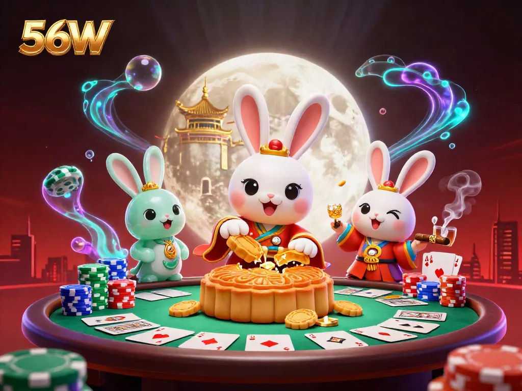 Engage with 56W's dynamic casino illustration featuring a moon rabbit and poker symbolism.