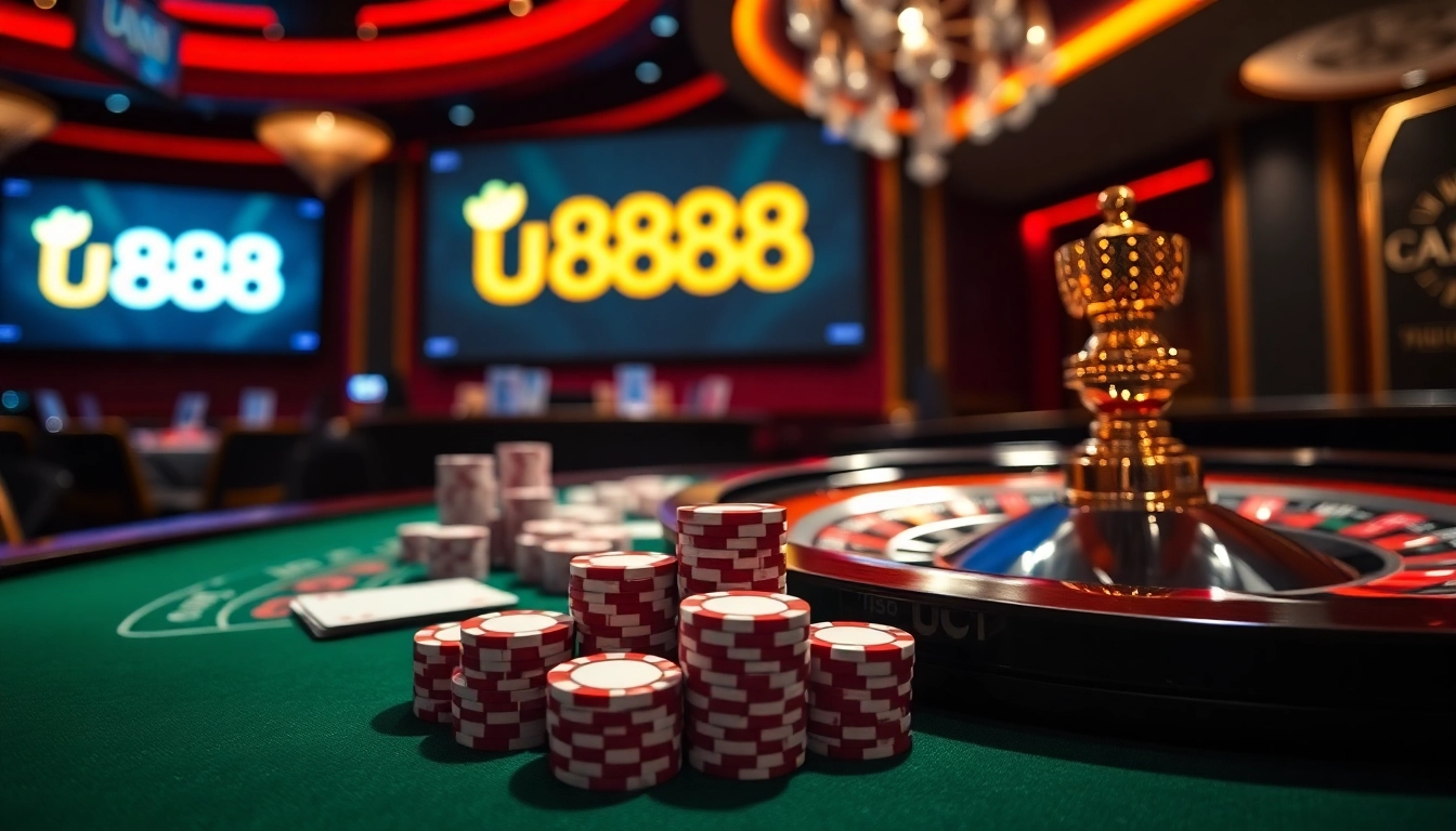 Winning at u888’s vibrant casino tables with poker chips and roulette wheels.
