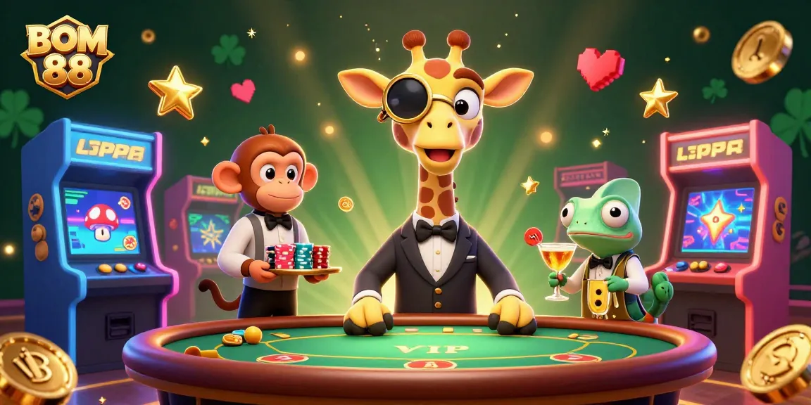 Win big at BOM 88 with vibrant 3D casino-themed illustration showcasing a high-roller giraffe and a monkey valet.