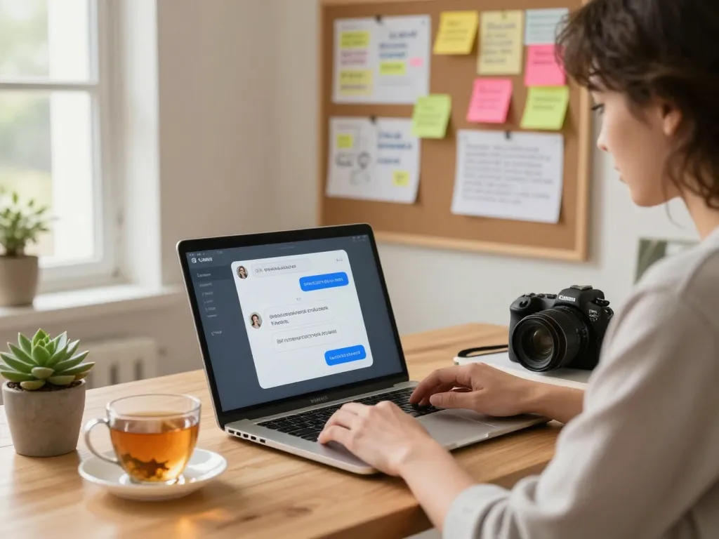 Engaging in a crush on AI chat within a cozy home office, blending technology and comfort.