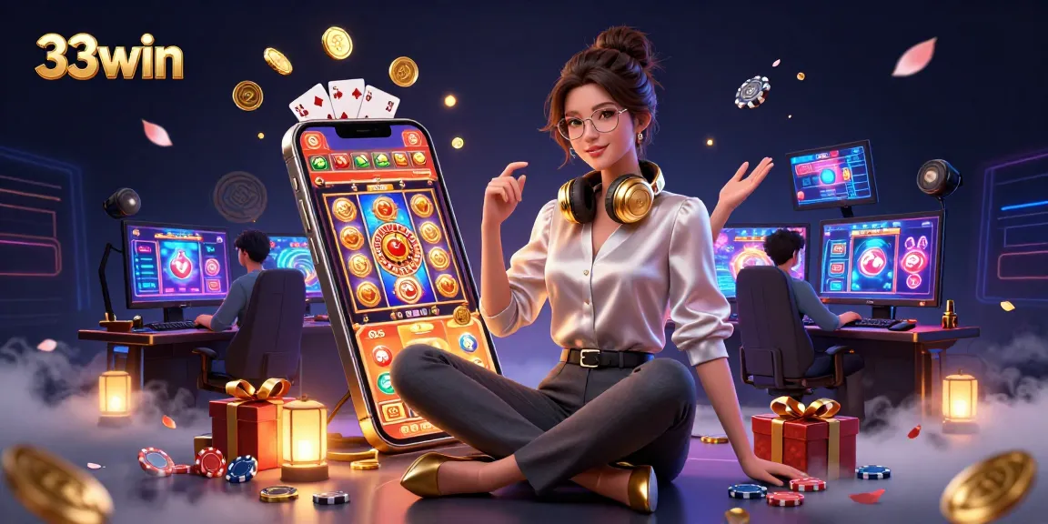 Experience thrilling gaming with 33win, showcasing vibrant slot games and casino elements.