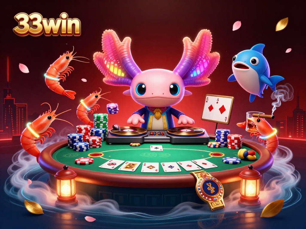 Catch the excitement of 33win with colorful axolotl DJ and vibrant casino scene.