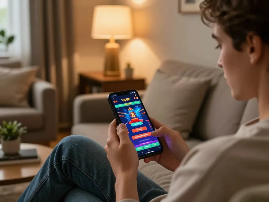 Engaging gaming experience on vip66 app in a cozy home setting.