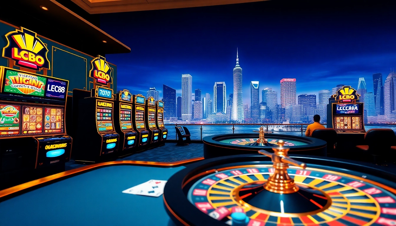 LC88 casino scene showcasing vibrant slot machines and poker tables in a luxurious setting.