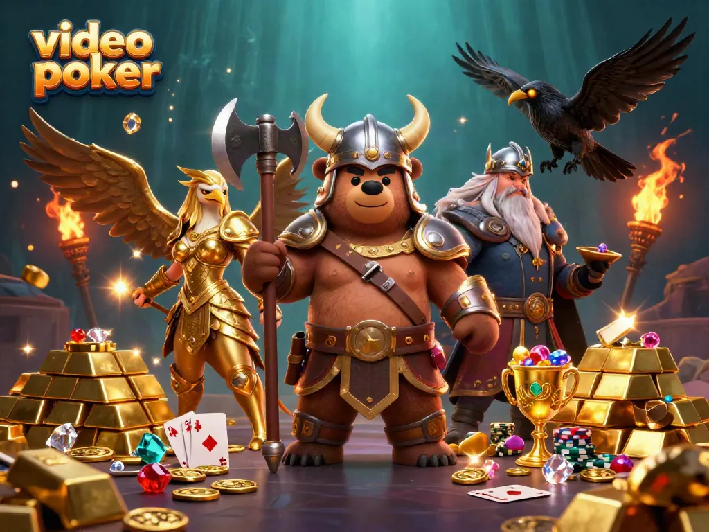 Engage in thrilling video poker action surrounded by treasures in this vibrant 3D illustration.
