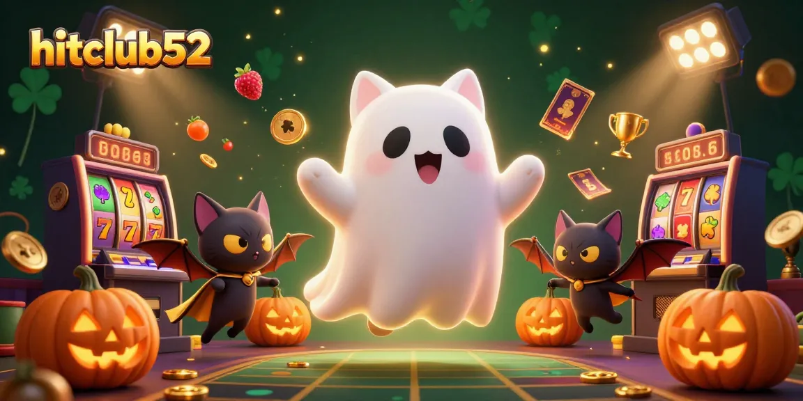 Experience thrilling slots and jackpots with hitclub52 in a vibrant, haunted casino illustration.