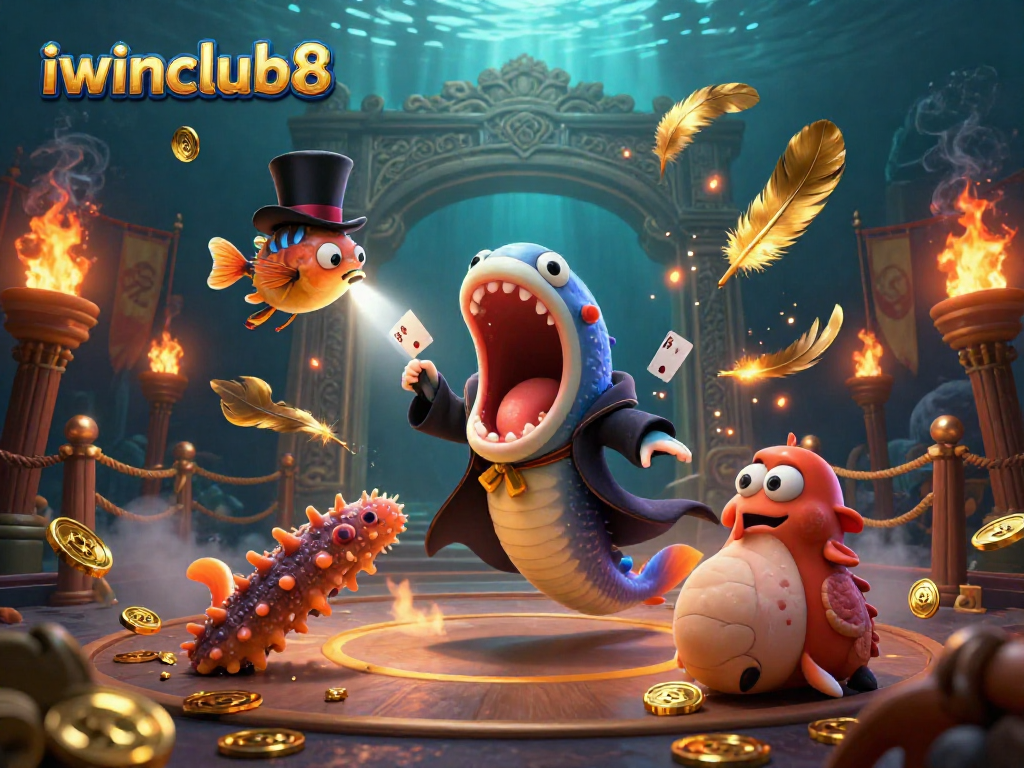 Engage with iwinclub8's vibrant scene featuring a magician eel showcasing card tricks amidst a dazzling underwater arena.