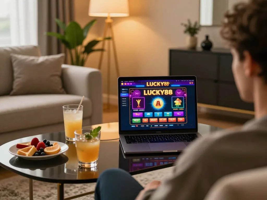 Engaged player enjoying LUCKY88 online casino experience on a modern laptop in a cozy home setup.