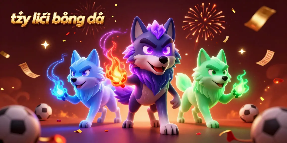 Engage in tỷ lệ bóng đá with our dynamic sports betting illustration featuring glowing wolves and vibrant game elements.