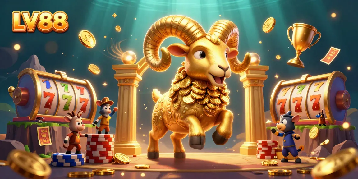 Experience thrilling gameplay at LV88 with a dynamic 3D illustration featuring a golden ram and slot elements.